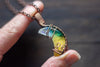 Yellow and Blue Fused Glass Moon Pendant with Copper Wire Wrapping