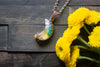 Yellow and Blue Fused Glass Moon Pendant with Copper Wire Wrapping