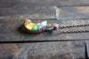 Yellow and Blue Fused Glass Moon Pendant with Copper Wire Wrapping