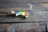 Yellow and Blue Fused Glass Moon Pendant with Copper Wire Wrapping