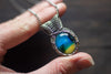 Dichroic Blue and Yellow Fused Glass Pendant with Sterling Silver Wire Wrapping