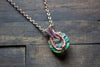 Stripes of Green and Blue Fused Glass and Copper Wire Wrapped Tree of Life Pendant