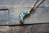 Striped Blue and Green Crescent Moon Pendant with Copper Wire Wrapping