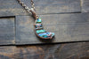 Striped Blue and Green Crescent Moon Pendant with Copper Wire Wrapping