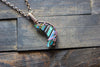 Striped Blue and Green Crescent Moon Pendant with Copper Wire Wrapping