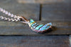 Striped Blue and Green Crescent Moon Pendant with Copper Wire Wrapping