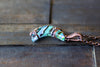 Striped Blue and Green Crescent Moon Pendant with Copper Wire Wrapping