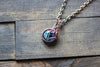Striped Blue and Green Fused Glass Mini Pendant with Copper Wire Wrapping