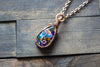 Shades of Blue and Gold Fused Glass and Copper Wire Teardrop Pendant