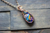 Shades of Blue and Gold Fused Glass and Copper Wire Teardrop Pendant