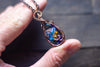 Shades of Blue and Gold Fused Glass and Copper Wire Teardrop Pendant