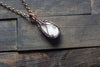 Shades of Blue and Gold Fused Glass and Copper Wire Teardrop Pendant