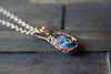 Shades of Blue and Gold Fused Glass and Copper Wire Teardrop Pendant