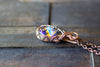 Shades of Blue and Gold Fused Glass and Copper Wire Teardrop Pendant