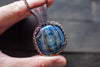 Copper Wire Wrapped Pendant with Snowflake on Streaked Blue Fused Glass
