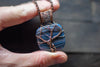 Streaked Blue and Grey Fused Glass and Copper Wire Wrapped Tree of Life Pendant